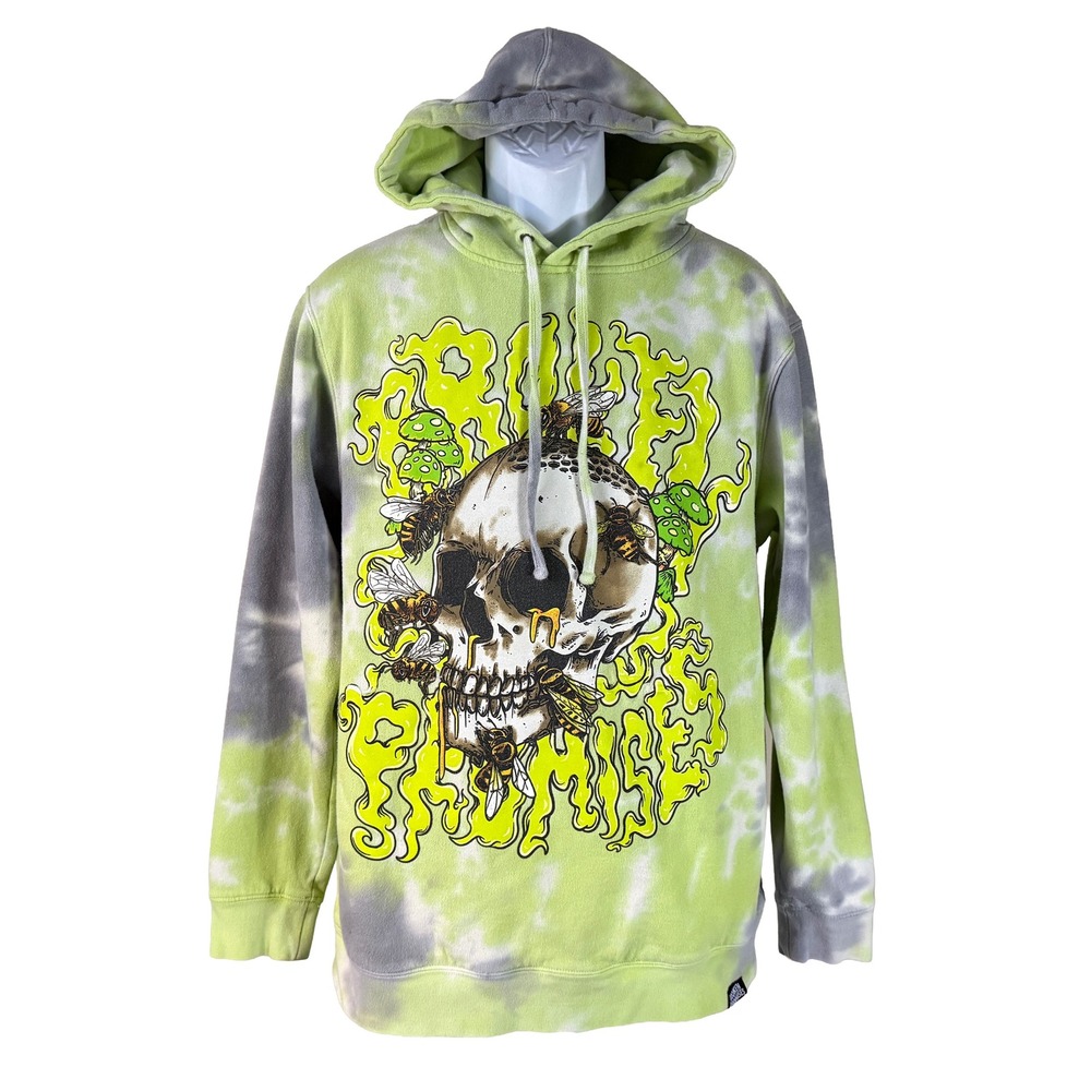 Broken Promises Hoodie Mens Large Green Tie Dye RARE Bee Heartless Skull Graphic